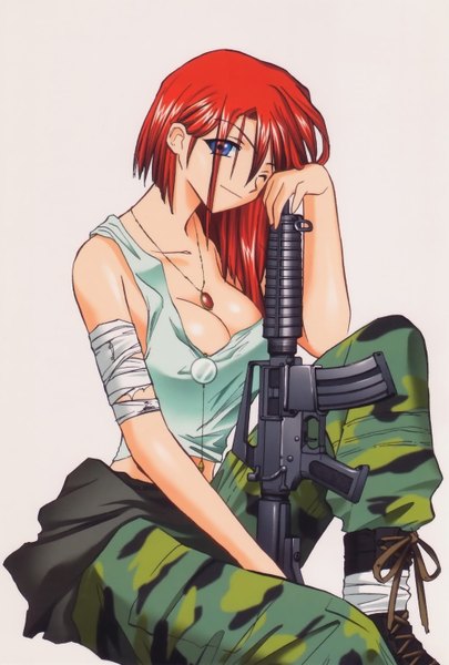 Anime picture 1000x1480 with galaxy angel madhouse forte stollen kanan single tall image looking at viewer short hair breasts blue eyes light erotic simple background large breasts cleavage red hair one eye closed camouflage girl weapon gun