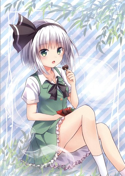 Anime picture 1200x1695 with touhou konpaku youmu myon kure~pu single tall image looking at viewer blush fringe short hair open mouth sitting holding green eyes silver hair bare legs short sleeves striped eating framed