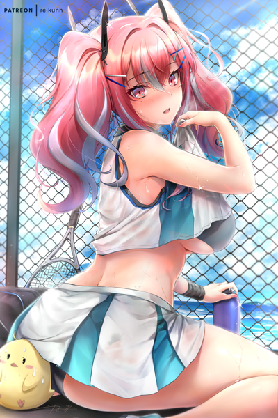 Anime picture 667x1000 with azur lane manjuu (azur lane) bremerton (azur lane) bremerton (scorching-hot training) (azur lane) rei kun single long hair tall image looking at viewer blush fringe open mouth light erotic sitting twintails holding signed pink hair pink eyes multicolored hair