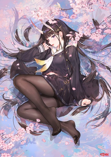 Anime picture 1100x1556 with azur lane noshiro (azur lane) atdan single long hair tall image blush fringe open mouth light erotic black hair purple eyes signed full body lying blunt bangs long sleeves pleated skirt horn (horns) from above