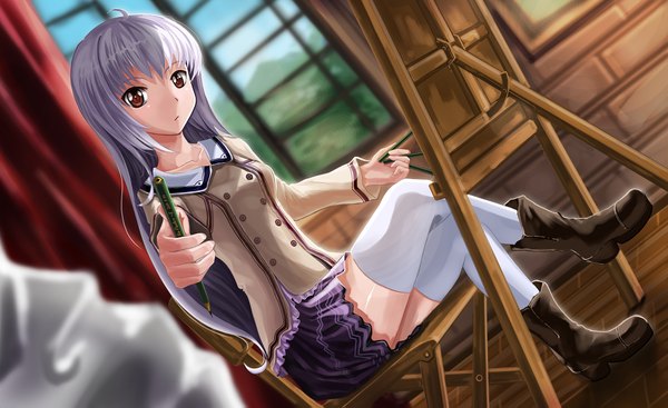 Anime picture 1920x1175 with original rhineheim single long hair looking at viewer highres red eyes wide image silver hair depth of field crossed legs girl thighhighs skirt white thighhighs boots window pencil easel