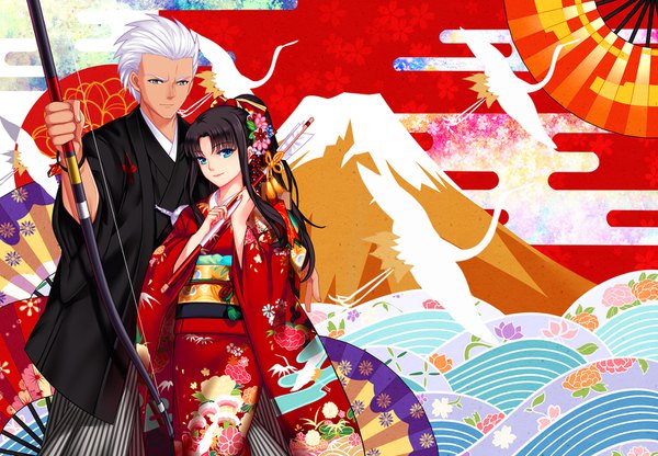 Anime picture 1539x1068 with fate (series) fate/stay night toosaka rin archer (fate) yaoshi jun long hair looking at viewer short hair blue eyes black hair smile standing white hair ponytail traditional clothes japanese clothes wide sleeves dark skin floral print egasumi