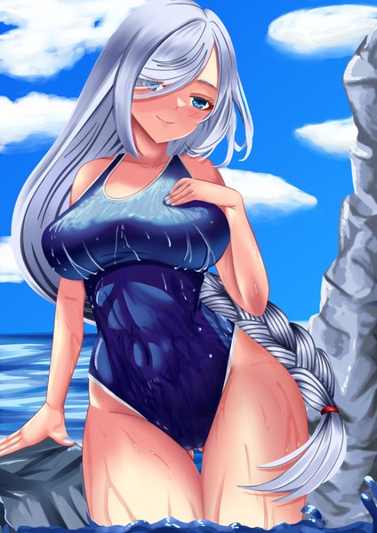 Anime picture 3508x4961 with genshin impact shenhe (genshin impact) ronikx art single long hair tall image looking at viewer blush fringe highres breasts blue eyes light erotic smile large breasts standing absurdres sky silver hair cloud (clouds)