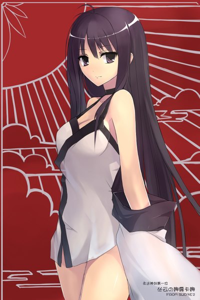 Anime picture 1181x1771 with eien no aselia single long hair tall image light erotic black hair purple eyes bare shoulders bare legs girl