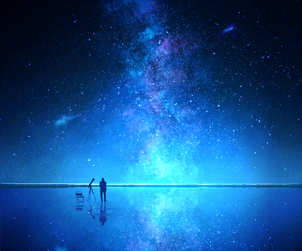 Anime-Bild 1200x1000 mit original mks single standing full body outdoors night night sky reflection horizon scenic silhouette ripples milky way boy water star (stars) chair telescope