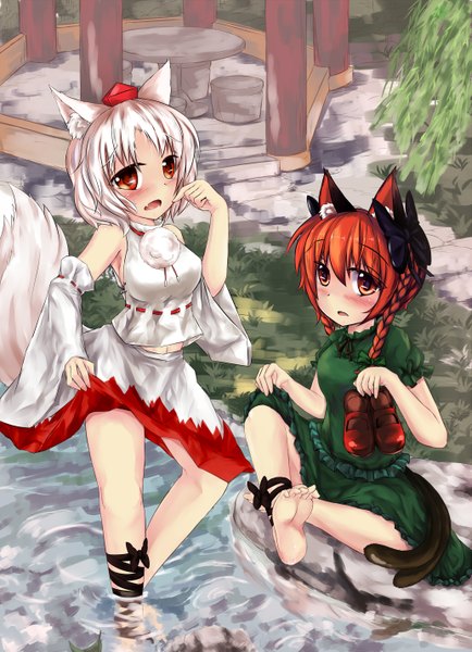 Anime picture 1033x1428 with touhou inubashiri momiji kaenbyou rin 463 jun tall image looking at viewer blush short hair open mouth red eyes bare shoulders multiple girls animal ears white hair red hair braid (braids) animal tail barefoot legs twin braids