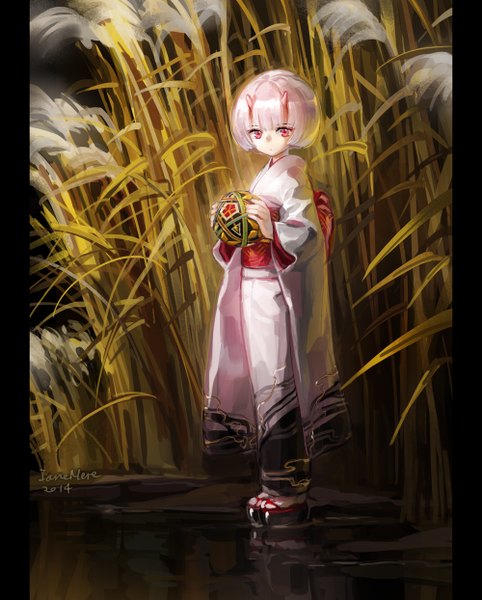 Anime picture 1000x1244 with original jane mere single tall image looking at viewer fringe short hair red eyes signed white hair long sleeves traditional clothes japanese clothes horn (horns) oni horns girl plant (plants) kimono obi ball
