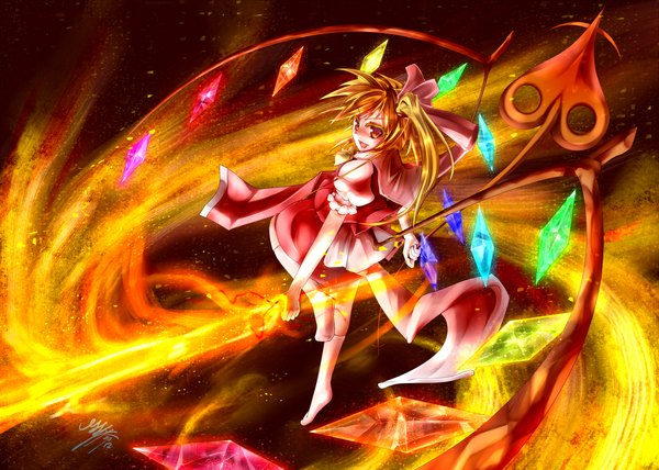 Anime picture 1553x1110 with touhou flandre scarlet mugen soukyuu (artist) long hair open mouth blonde hair red eyes looking back girl weapon wings socks white socks laevatein (touhou)