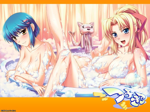 Anime picture 1024x768 with tsuyokiss cool x sweet light erotic leg lift (legs lift) girl bath suds