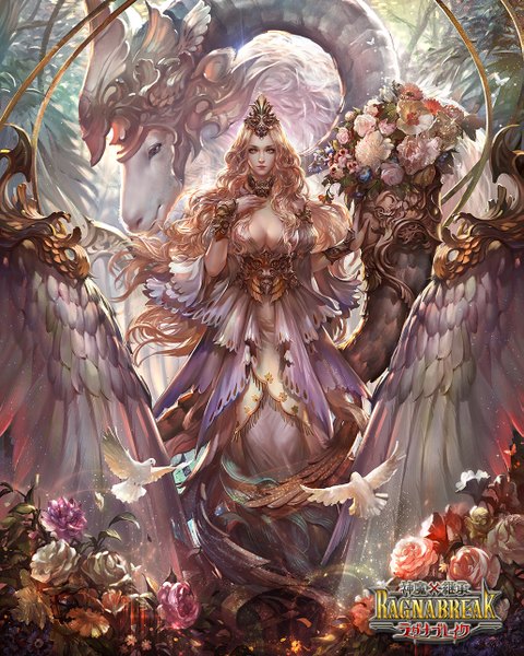 Anime picture 1029x1286 with shinma x keishou! ragnabreak shitsu soku k single long hair tall image looking at viewer blue eyes blonde hair standing wind realistic inscription girl flower (flowers) plant (plants) animal wings bird (birds) rose (roses) leaf (leaves)