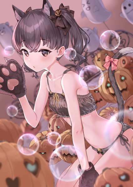 Anime picture 1655x2337 with original namikishiho single tall image looking at viewer fringe short hair light erotic black hair twintails animal ears tail parted lips animal tail black eyes cat ears :o cat girl cat tail depth of field