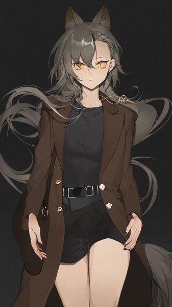 Anime picture 2160x3840 with arknights penance (arknights) api qwq single long hair tall image looking at viewer fringe highres simple background hair between eyes animal ears yellow eyes tail nail polish animal tail grey hair black background expressionless walking