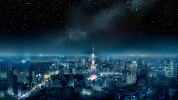 Anime picture 3840x2160 with original anonamos701 highres wide image absurdres outdoors night night sky city cityscape no people landscape city lights real world location tokyo building (buildings) star (stars) skyscraper tower tokyo tower