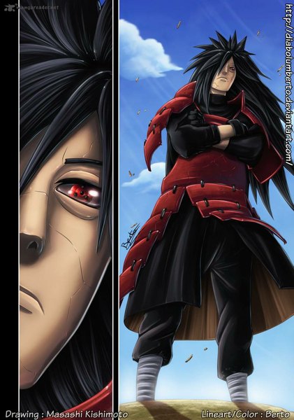 Anime picture 800x1140 with naruto studio pierrot naruto (series) uchiha madara masashi kishimoto long hair tall image looking at viewer fringe black hair red eyes sky cloud (clouds) wind hair over one eye inscription close-up crossed arms multiview serious