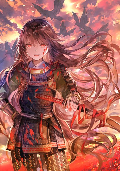 Anime picture 561x800 with fate (series) fate/grand order oda nobunaga (fate) (all) oda nobunaga (fate) rioka (southern blue sky) single long hair tall image looking at viewer fringe open mouth hair between eyes red eyes brown hair standing holding cloud (clouds) :d floating hair blood on face