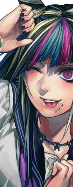 Anime picture 400x1015 with dangan ronpa super dangan ronpa 2 mioda ibuki irohara mitabi single long hair tall image open mouth purple eyes nail polish one eye closed multicolored hair wink streaked hair piercing portrait black nail polish dojikko pose girl choker