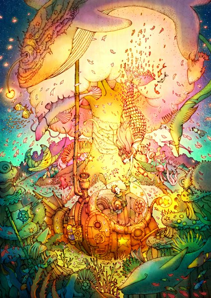 Anime picture 778x1100 with original kamakilimai (artist) long hair tall image short hair brown hair night night sky couple underwater fantasy space girl boy plant (plants) animal petals tree (trees) star (stars) fish (fishes)