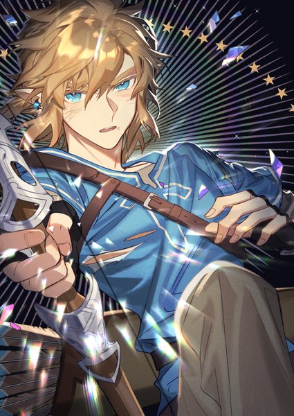 Anime picture 2150x3035 with the legend of zelda the legend of zelda: breath of the wild nintendo link aleo single tall image looking at viewer fringe highres short hair blue eyes blonde hair hair between eyes pointy ears torn clothes elf boy weapon star (symbol)
