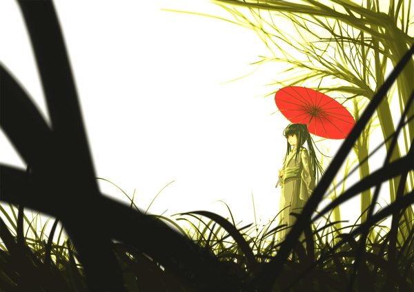 Anime picture 1800x1272 with original rery rr23 long hair highres black hair looking away sky ponytail traditional clothes japanese clothes black eyes girl plant (plants) kimono umbrella grass