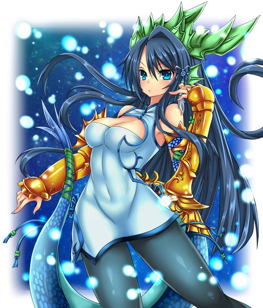 Anime picture 3500x4093 with puzzle & dragons karin (p&d) cuizilan single long hair tall image blush highres breasts blue eyes blue hair absurdres tail underwater girl navel hair ornament bodysuit