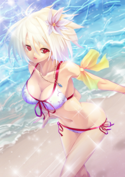 Anime picture 1240x1753 with original sousakubito single tall image highres short hair breasts open mouth light erotic red eyes bare shoulders cleavage white hair hair flower from above beach girl navel hair ornament flower (flowers)