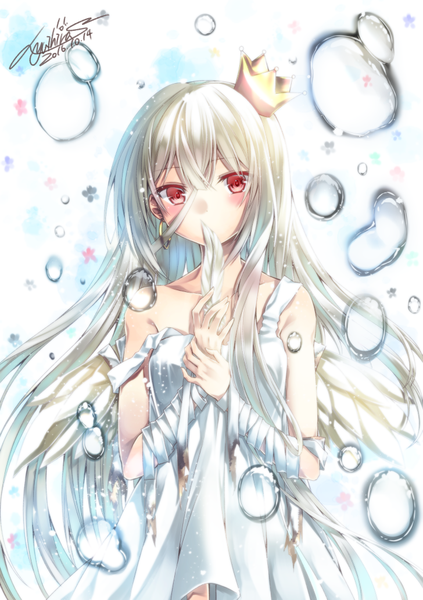 Anime picture 728x1032 with original yuihira asu (sorairo as) single long hair tall image looking at viewer blush fringe red eyes standing bare shoulders holding signed white hair sleeveless dated covered mouth hands clasped white wings angel