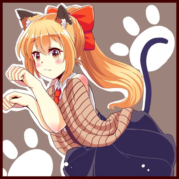 Anime picture 2000x2000 with original suzune kou long hair looking at viewer blush highres simple background blonde hair brown eyes animal ears payot ponytail tail animal tail cat ears cat girl cat tail sleeveless border paw pose