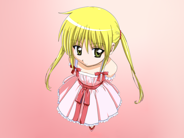 Anime picture 1600x1200 with hayate no gotoku! sanzenin nagi long hair simple background blonde hair twintails bare shoulders green eyes hands behind back pink background girl dress