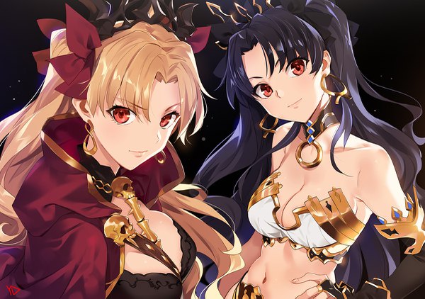 Anime picture 1200x845 with fate (series) fate/grand order ishtar (fate) ereshkigal (fate) yd (orange maru) long hair looking at viewer blush fringe breasts light erotic black hair simple background blonde hair red eyes large breasts bare shoulders multiple girls signed cleavage