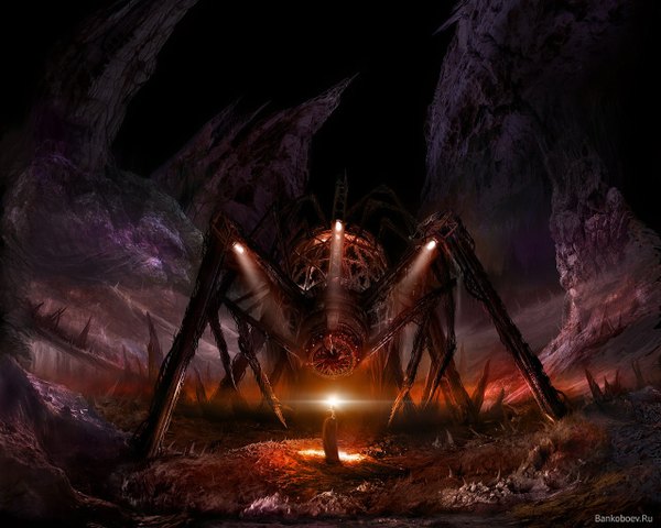Anime picture 1280x1024 with alexiuss night battle science fiction weapon monster mecha spider cliff