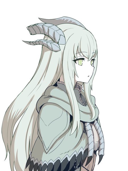Anime picture 750x1000 with the elder scrolls the elder scrolls v: skyrim paarthurnax okamura (okamura086) single long hair tall image fringe simple background white background green eyes looking away silver hair upper body profile horn (horns) :o monochrome expressionless genderswap