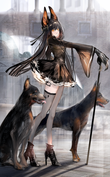 Anime picture 2545x4096 with original nanaponi single long hair tall image looking at viewer fringe highres black hair hair between eyes animal ears full body outdoors orange eyes high heels outstretched arm turning head dog ears asymmetrical legwear long legs