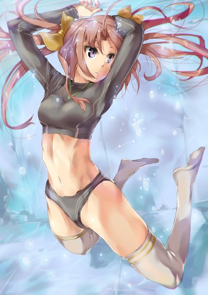 Anime picture 2481x3508 with kantai collection kagerou destroyer satou daiji single long hair tall image fringe highres breasts light erotic brown hair purple eyes twintails looking away underwater girl thighhighs ribbon (ribbons) swimsuit bubble (bubbles)