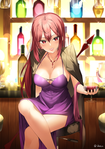 Anime picture 900x1273 with fate (series) fate/grand order scathach (fate) (all) scathach (fate) h shai single long hair tall image looking at viewer blush fringe breasts light erotic smile hair between eyes red eyes large breasts sitting holding signed