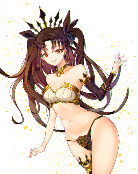 Anime picture 1274x1598 with fate (series) fate/grand order ishtar (fate) ggomddak single long hair tall image looking at viewer light erotic simple background smile red eyes brown hair white background bare shoulders two side up groin girl navel detached sleeves