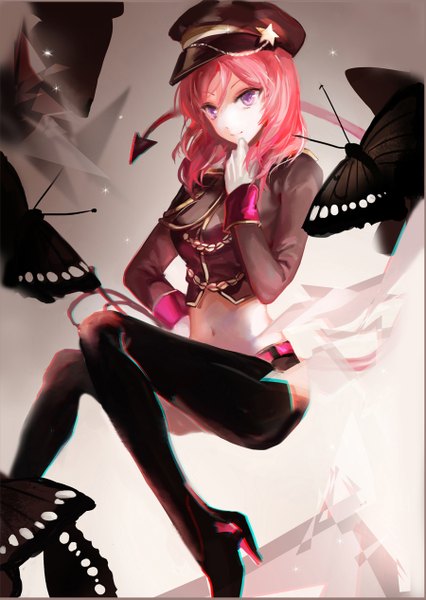 Anime picture 900x1266 with love live! school idol project sunrise (studio) love live! nishikino maki juexing (moemoe3345) single long hair tall image fringe sitting purple eyes looking away pink hair bent knee (knees) tail light smile grey background high heels hand on hip finger to mouth