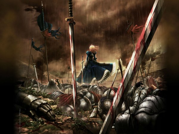 Anime picture 1600x1200 with fate (series) fate/stay night fate/zero studio deen type-moon artoria pendragon (all) saber long hair blonde hair standing sky cloud (clouds) lying wind from behind back smoke rain bloody weapon death