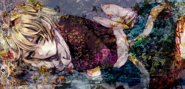 Anime picture 1150x556 with touhou mizuhashi parsee minase (mmakina) single short hair blonde hair wide image green eyes lying girl dress bow water leaf (leaves)