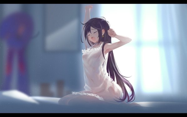 Anime-Bild 1920x1200 mit genshin impact mona megistus ring (1079882045) single long hair fringe highres open mouth light erotic black hair hair between eyes sitting payot indoors eyes closed blurry arms up depth of field letterboxed yawn