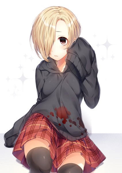 Anime picture 1000x1414 with idolmaster idolmaster cinderella girls shirasaka koume ntk (7t5) single tall image blush fringe short hair blonde hair simple background white background sitting brown eyes looking away long sleeves pleated skirt hair over one eye sparkle zettai ryouiki