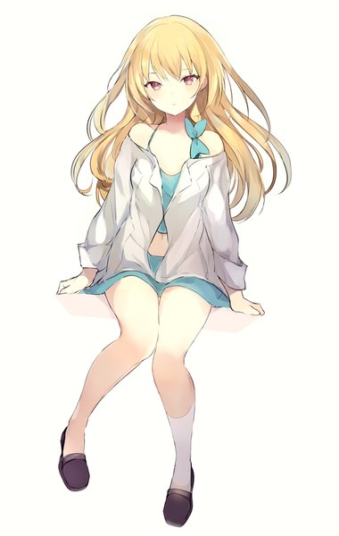 Anime picture 624x984 with original lpip single long hair tall image looking at viewer simple background blonde hair white background sitting bare shoulders brown eyes arm support open shirt girl skirt shirt socks shoes white shirt