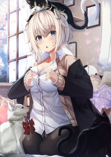 Anime picture 2480x3508 with original saku kn single tall image looking at viewer blush fringe highres short hair breasts blue eyes light erotic blonde hair hair between eyes large breasts sitting payot bent knee (knees) indoors long sleeves