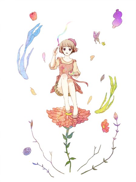 Anime picture 1200x1605 with original koto2 tall image fringe short hair simple background brown hair white background sitting brown eyes girl flower (flowers) plant (plants) insect butterfly beret fish (fishes) apple paintbrush paint