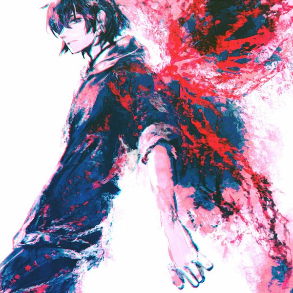 イラスト 800x800 と 東京喰種 株式会社ぴえろ kirishima ayato 量産型 ソロ 前髪 短い髪 simple background 白背景 紫目 looking away purple hair twisty sleeves 男性 フード パンツ kagune