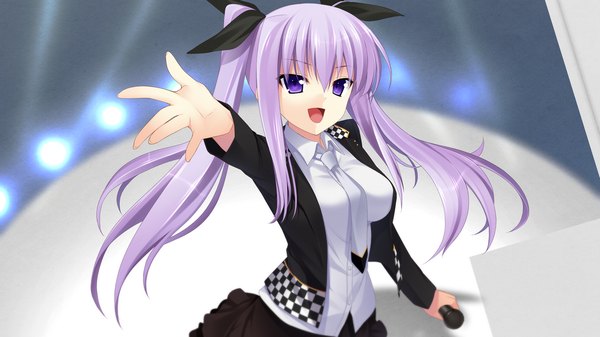 Anime picture 1280x720 with chuning lover tougetsuin aisu koso single long hair open mouth wide image twintails purple eyes game cg purple hair girl dress necktie microphone