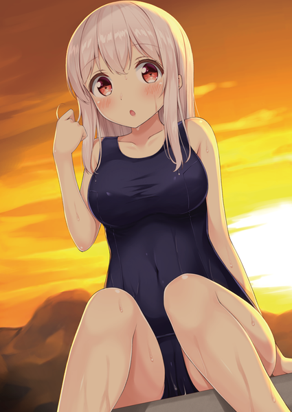 Anime picture 2508x3541 with original tisshu (karutamo) karutamo single long hair tall image looking at viewer blush fringe highres breasts open mouth light erotic hair between eyes red eyes large breasts sitting sky silver hair cloud (clouds)