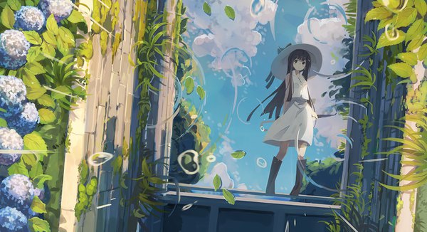 Anime picture 1400x761 with original huanxiang huifeng single long hair blush fringe black hair wide image standing holding sky cloud (clouds) full body blunt bangs wind reflection looking up closed umbrella girl dress