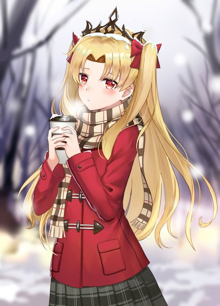 Anime picture 1072x1493 with fate (series) fate/grand order ereshkigal (fate) luobo (nsnr8754) single long hair tall image looking at viewer blush fringe blonde hair red eyes standing holding outdoors long sleeves pleated skirt blurry two side up depth of field