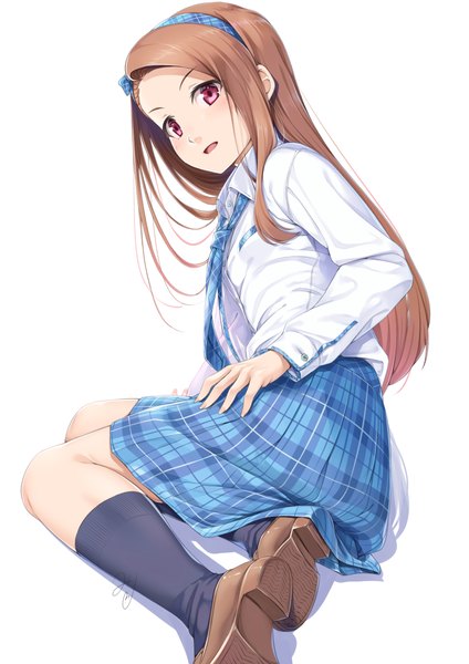 Anime picture 827x1169 with idolmaster minase iori miri (ago550421) single long hair tall image looking at viewer blush open mouth simple background red eyes brown hair white background sitting signed full body bent knee (knees) long sleeves from behind plaid skirt