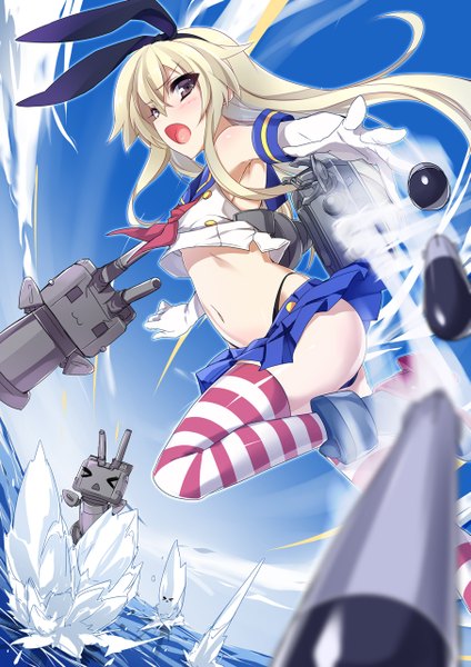 Anime picture 905x1280 with kantai collection shimakaze destroyer rensouhou-chan mtu (orewamuzituda) long hair tall image looking at viewer open mouth light erotic blonde hair grey eyes depth of field zettai ryouiki :3 > < girl thighhighs skirt gloves hair ornament